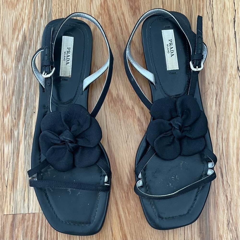 Prada Flower Appliqué Black Strappy Sandals Size 36